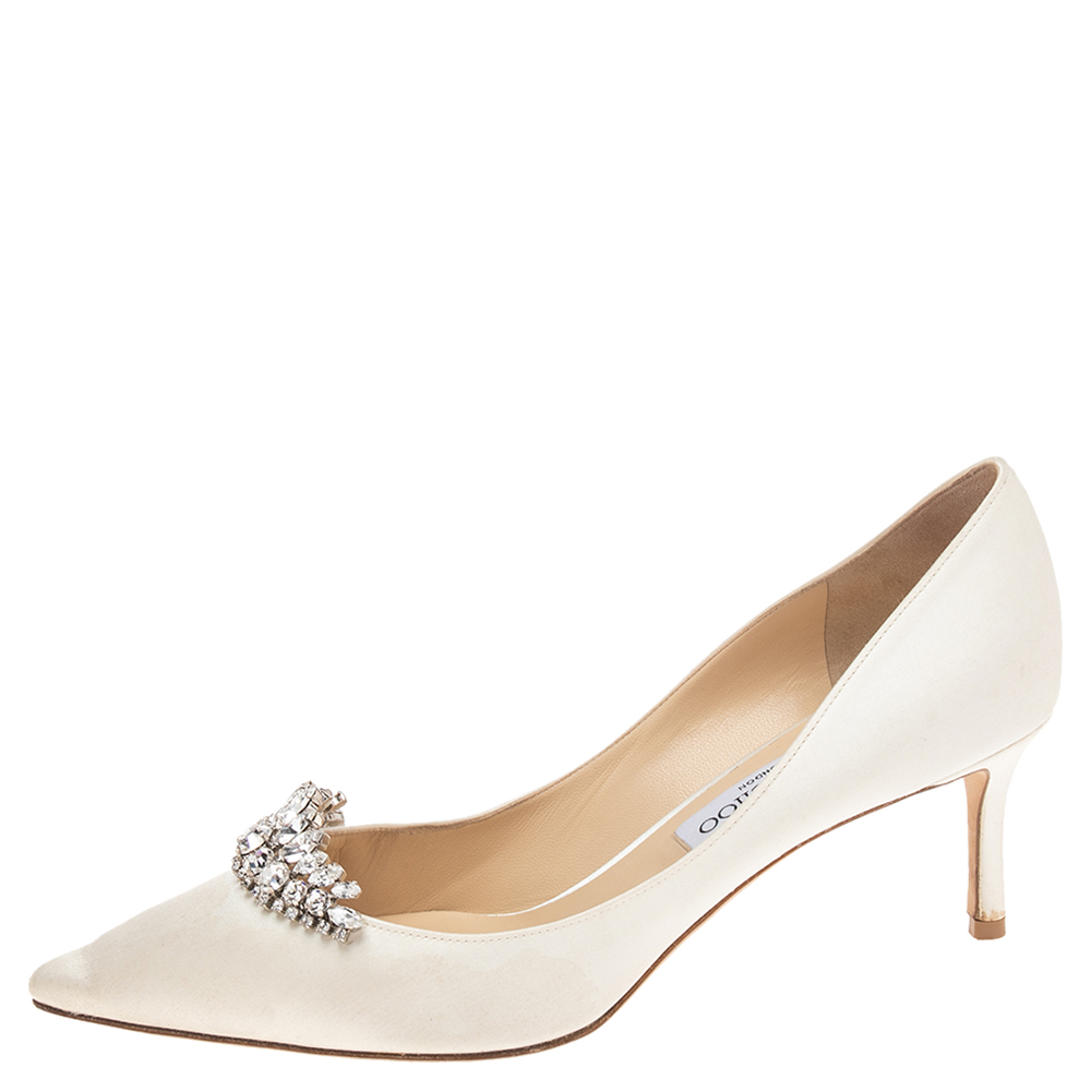 

Jimmy Choo Off White Satin Crystal Embellished Romy Pointed Toe Pumps Size