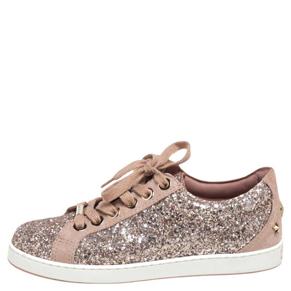 

Jimmy Choo Beige Glitter And Suede Miami Lace Up Sneakers Size