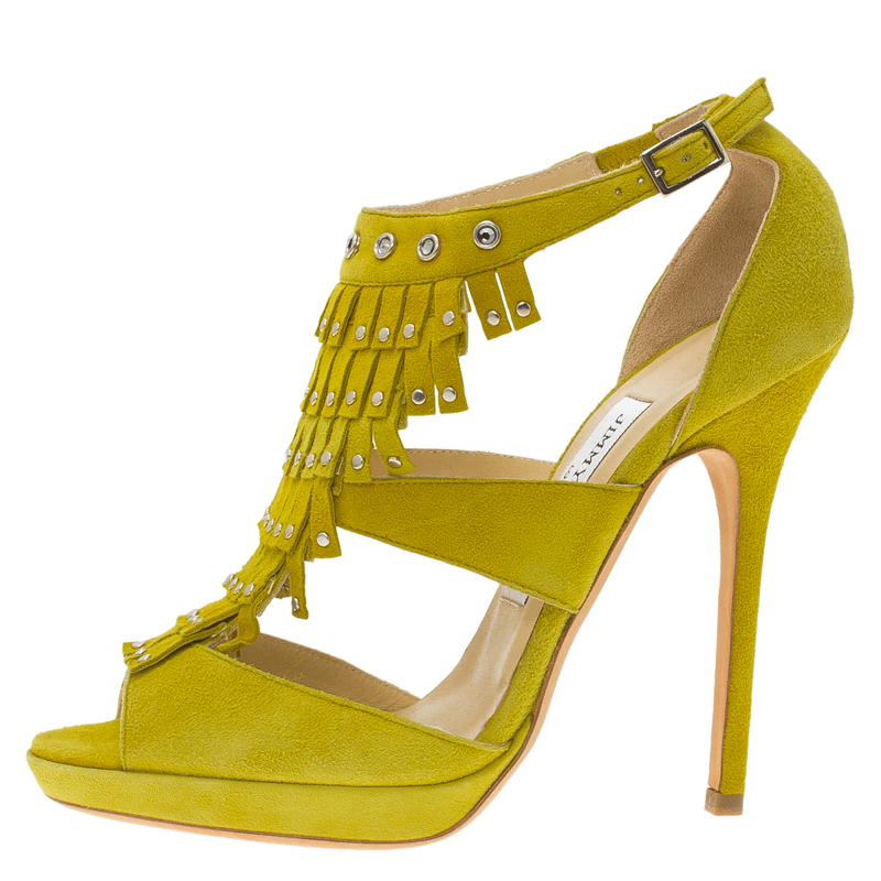 

Jimmy Choo Yellow Suede Studded Fringe Platform Sandals Size