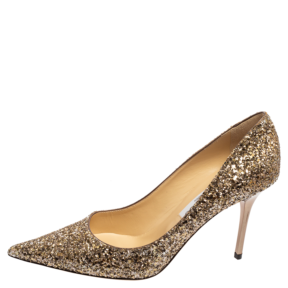 

Jimmy Choo Gold Coarse Glitter Love 100 Pointed-Toe Pumps Size