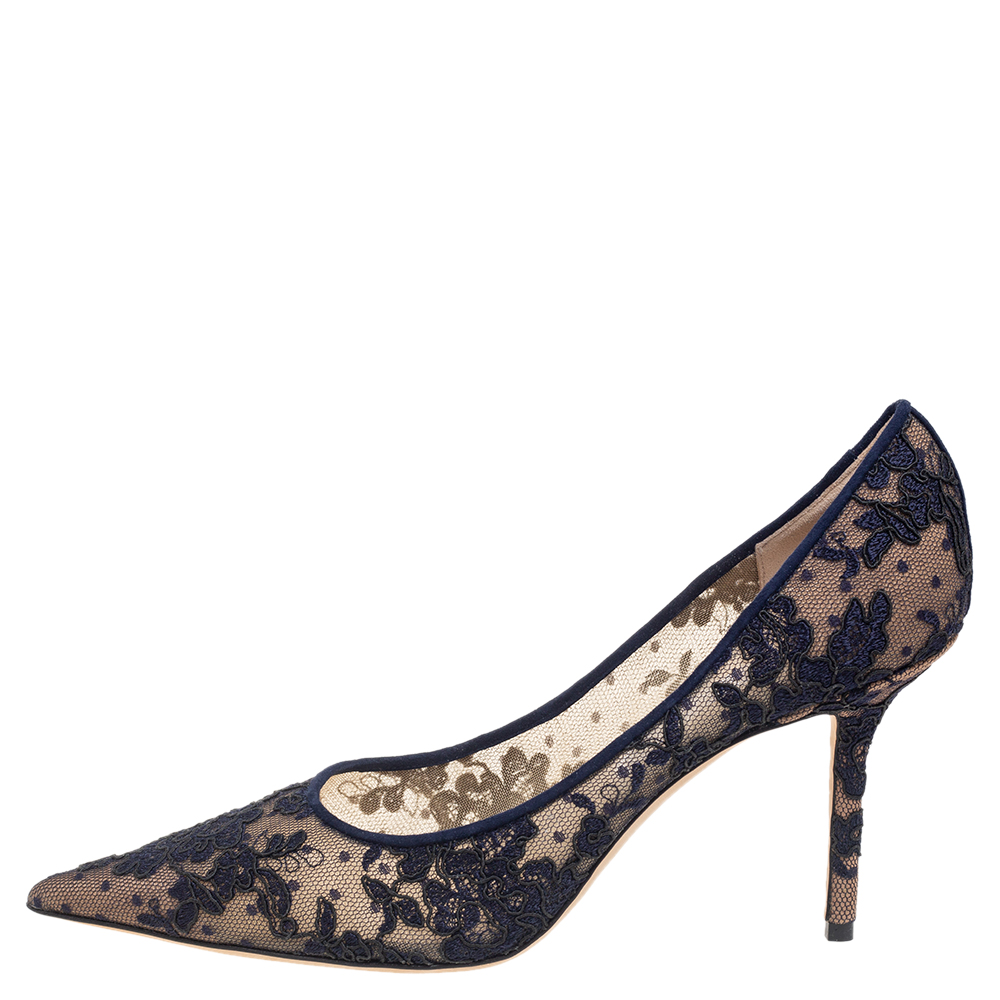 

Jimmy Choo Dark Blue Lace Abel Pointed-Toe Pumps Size