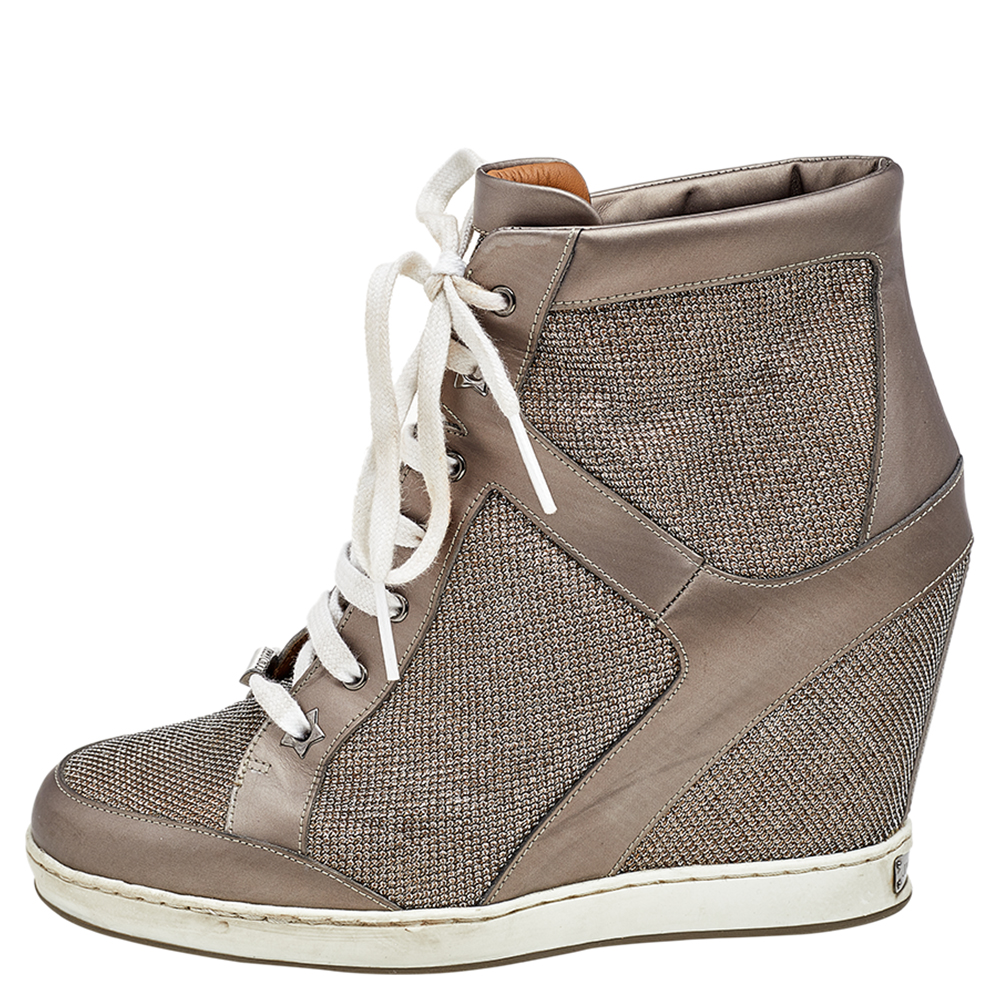 

Jimmy Choo Grey Leather and Mesh Panama Wedge Sneakers Size