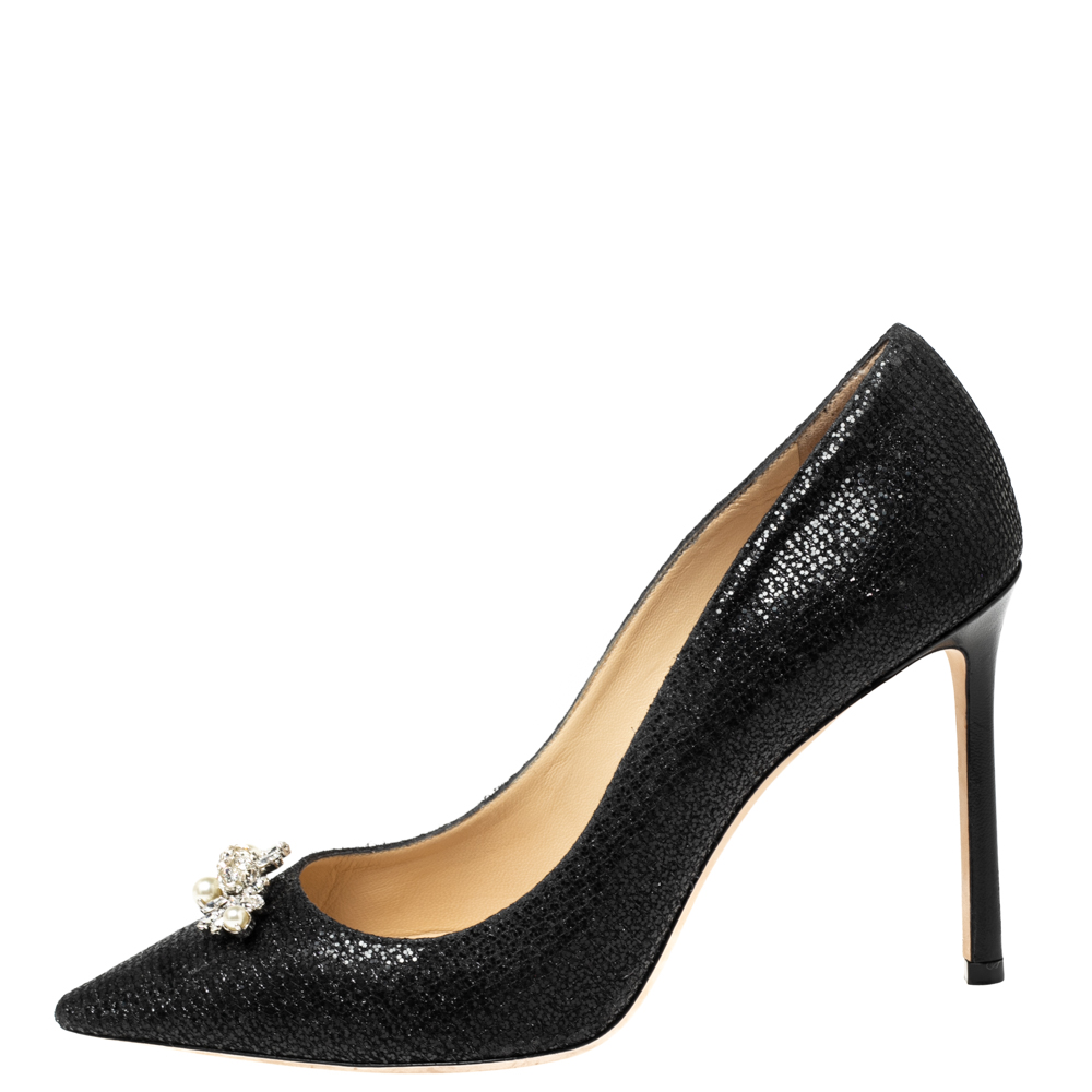 

Jimmy Choo Black Glitter Fabric Alexa Pointed-Toe Pumps Size