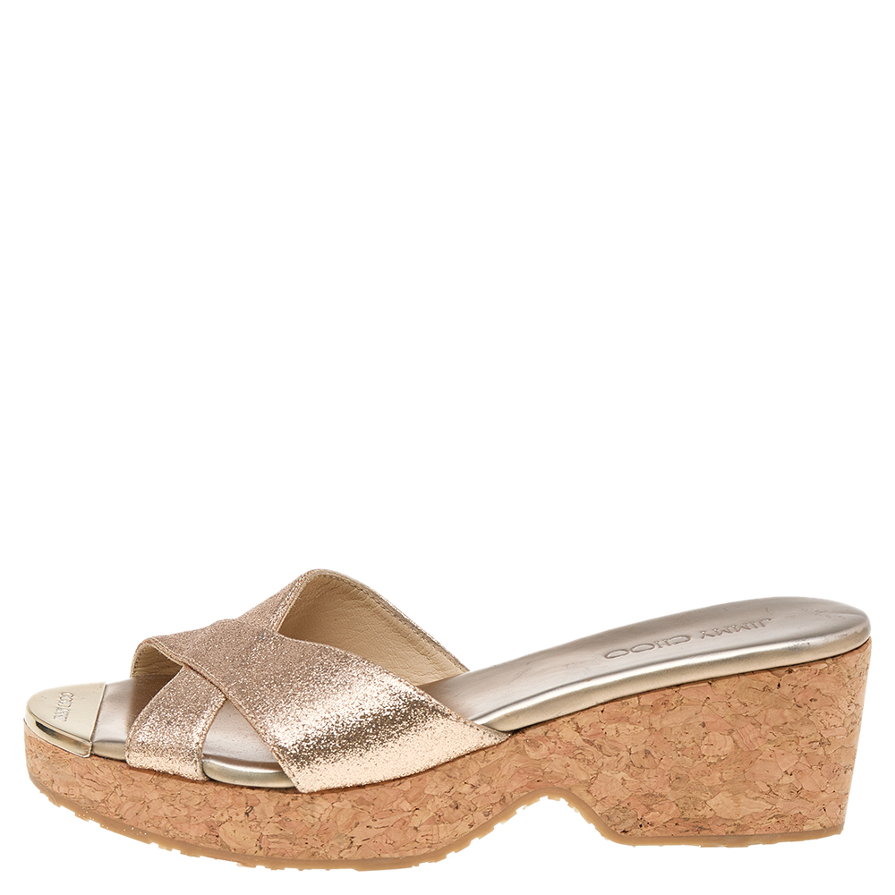 

Jimmy Choo Gold Glitter Prima Cork Wedge Sandals Size