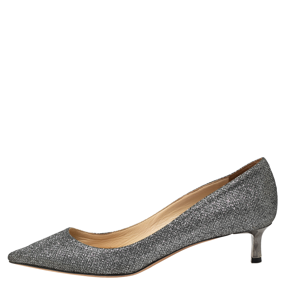 

Jimmy Choo Silver Glitter Romy Anthracite Pointed Toe Pumps Size