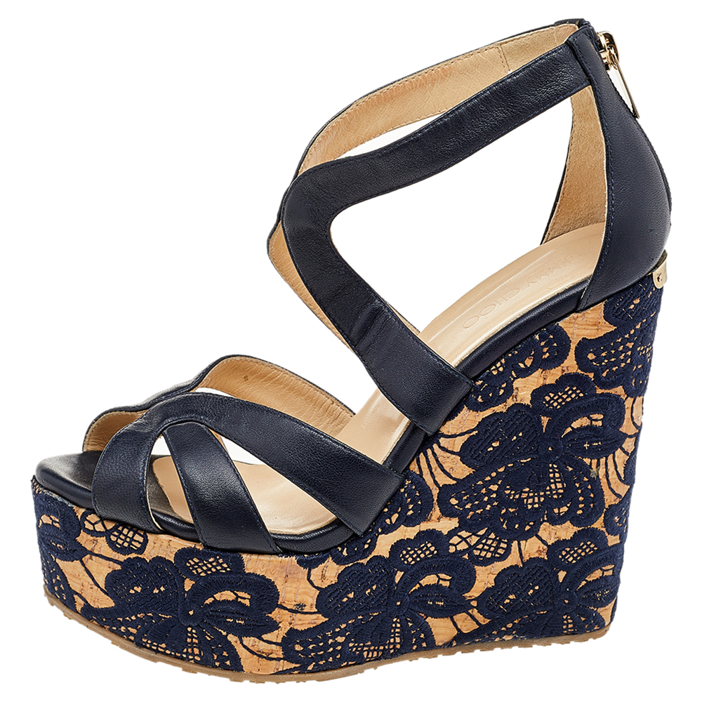 

Jimmy Choo Navy Blue Leather Floral Embroidered Cork Wedge Ankle Strap Sandals Size
