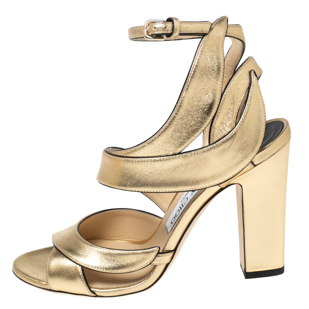 

Jimmy Choo Gold Leather Ankle Strap Sandals Size