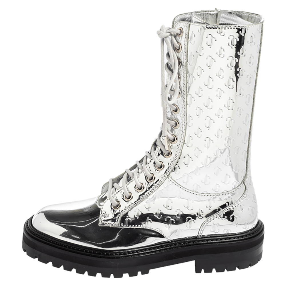 

Jimmy Choo Silver Leather Cora Combat Boots Size