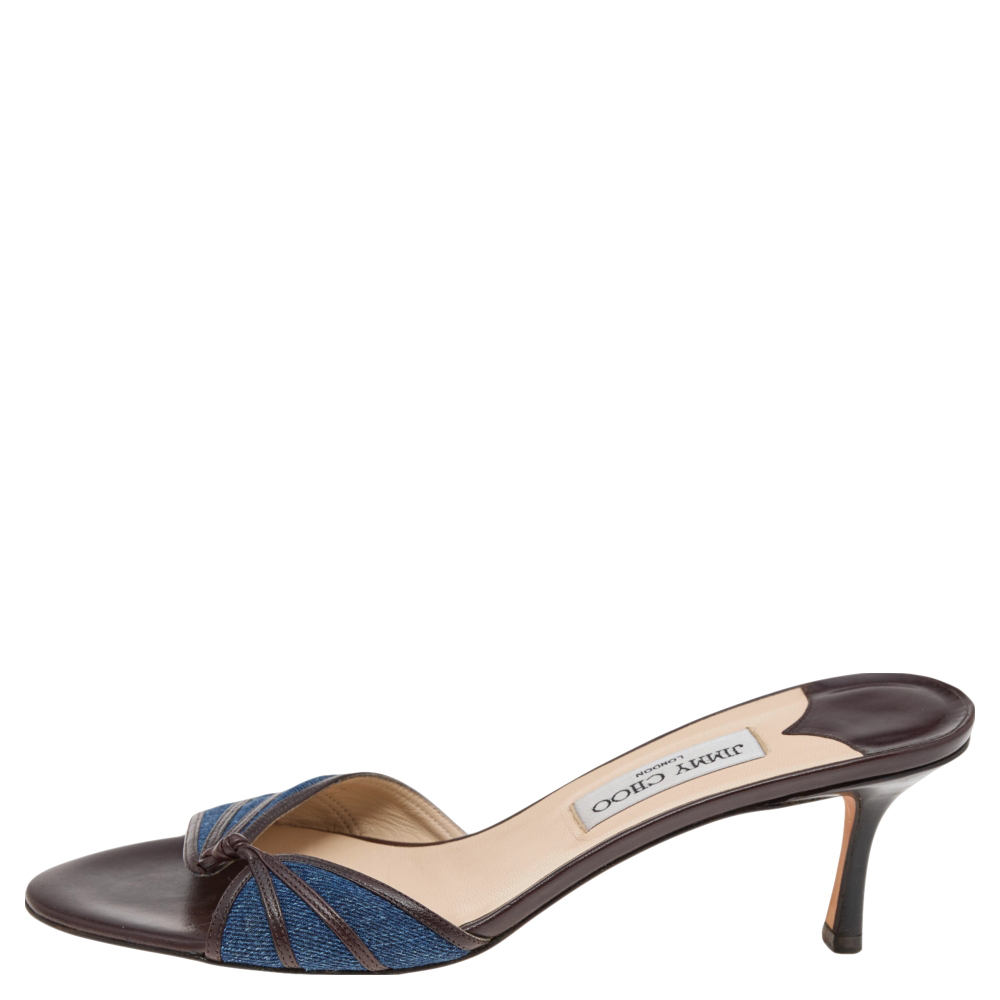 

Jimmy Choo Blue/Brown Leather And Denim Slide Sandals Size