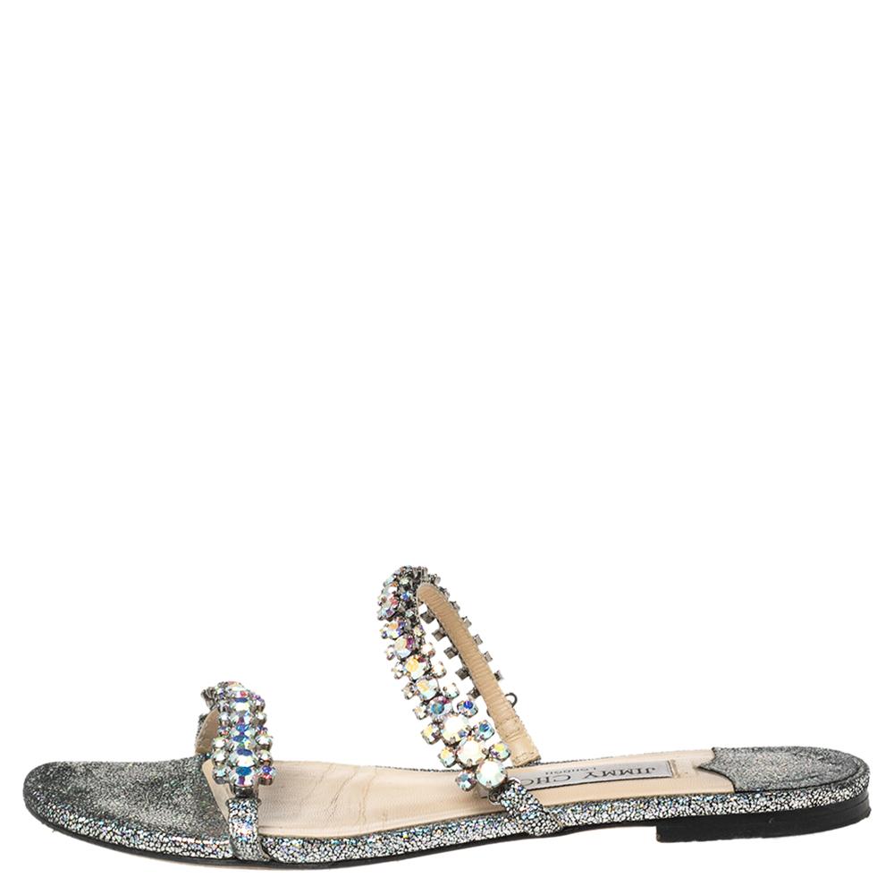 

Jimmy Choo Silver Texture Leather Crystal Flats Sandals Size