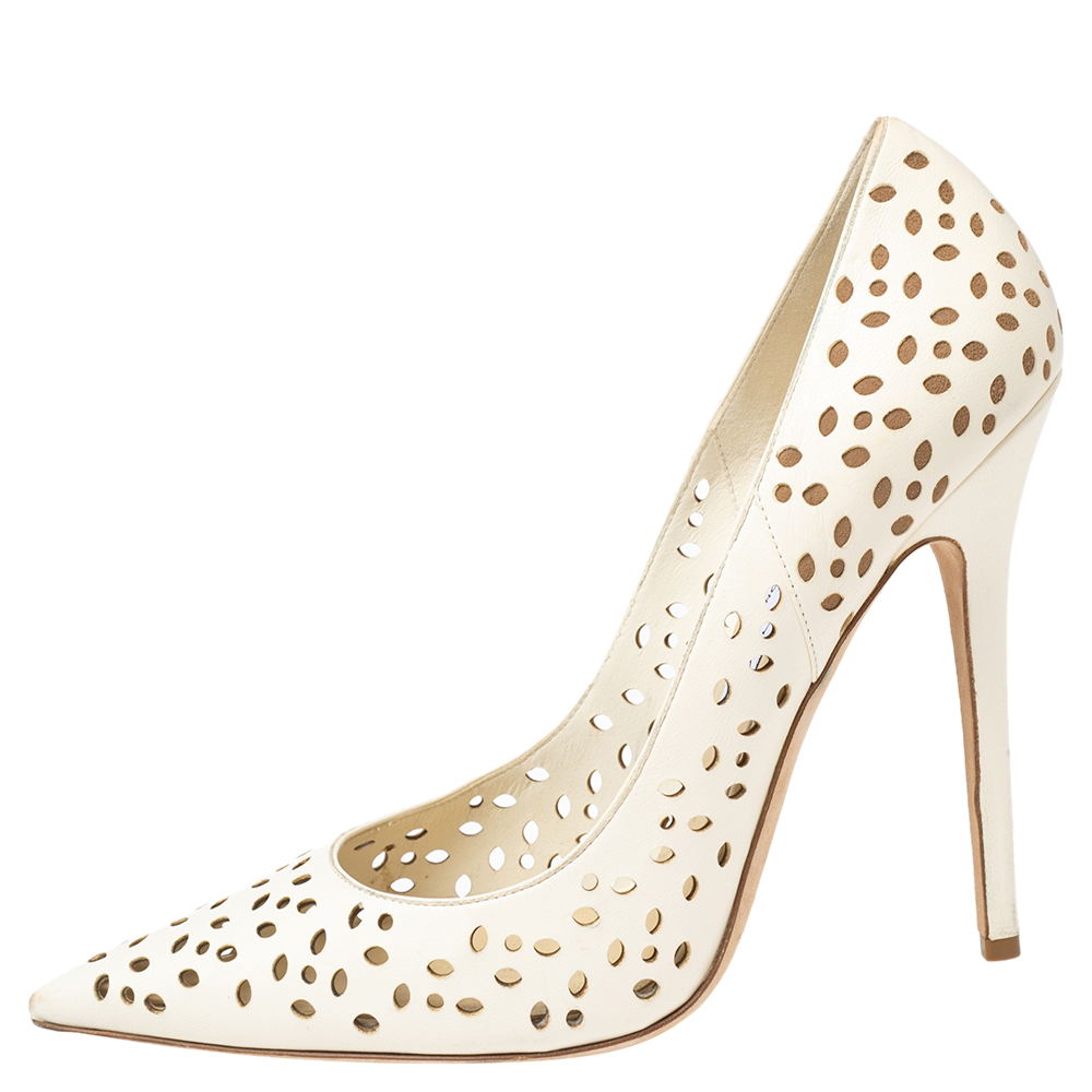 Jimmy Choo Off-White Perforated Leather Anouk Pointed-Toe Pumps Size