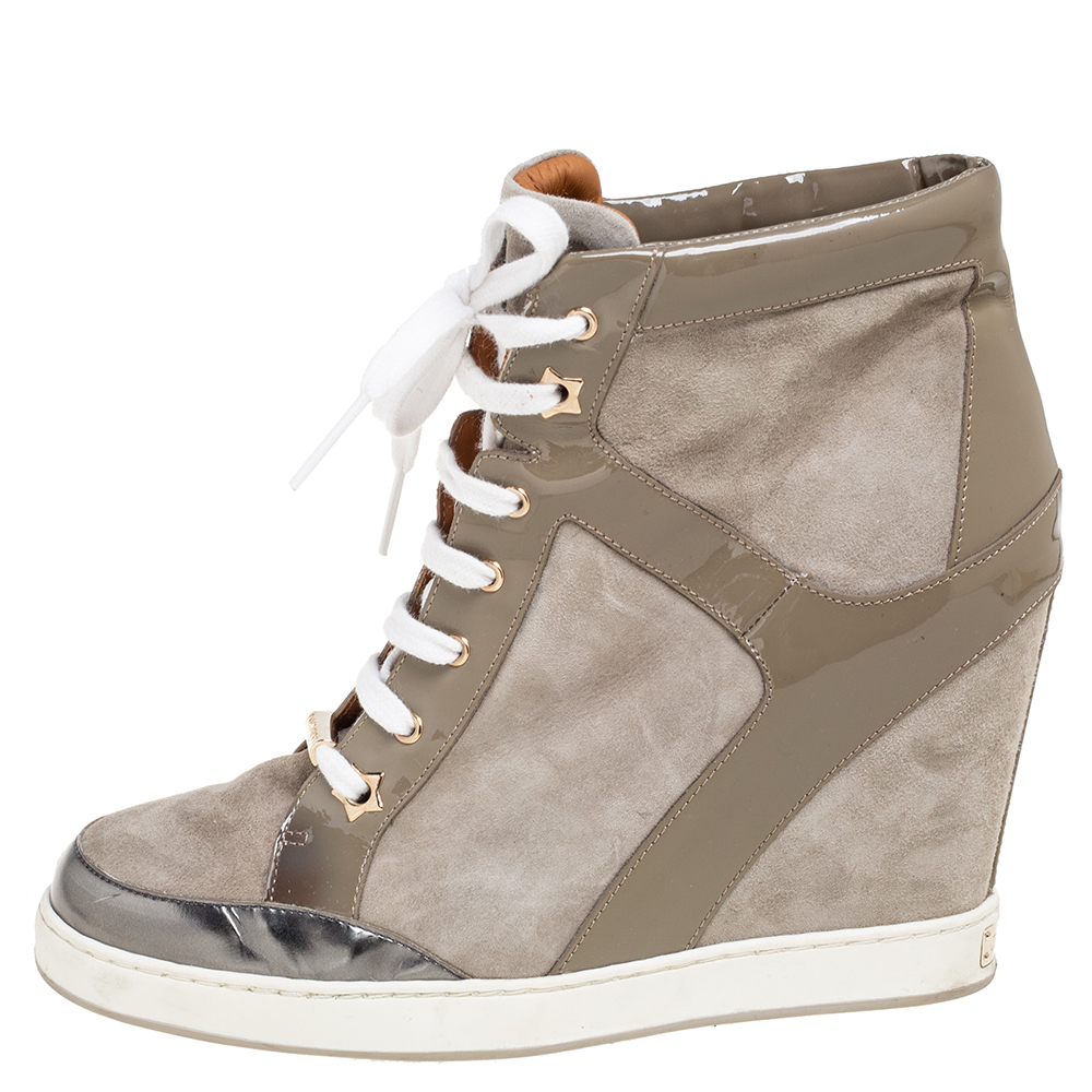 

Jimmy Choo Grey Suede and Patent Leather Panama Wedge Sneakers Size