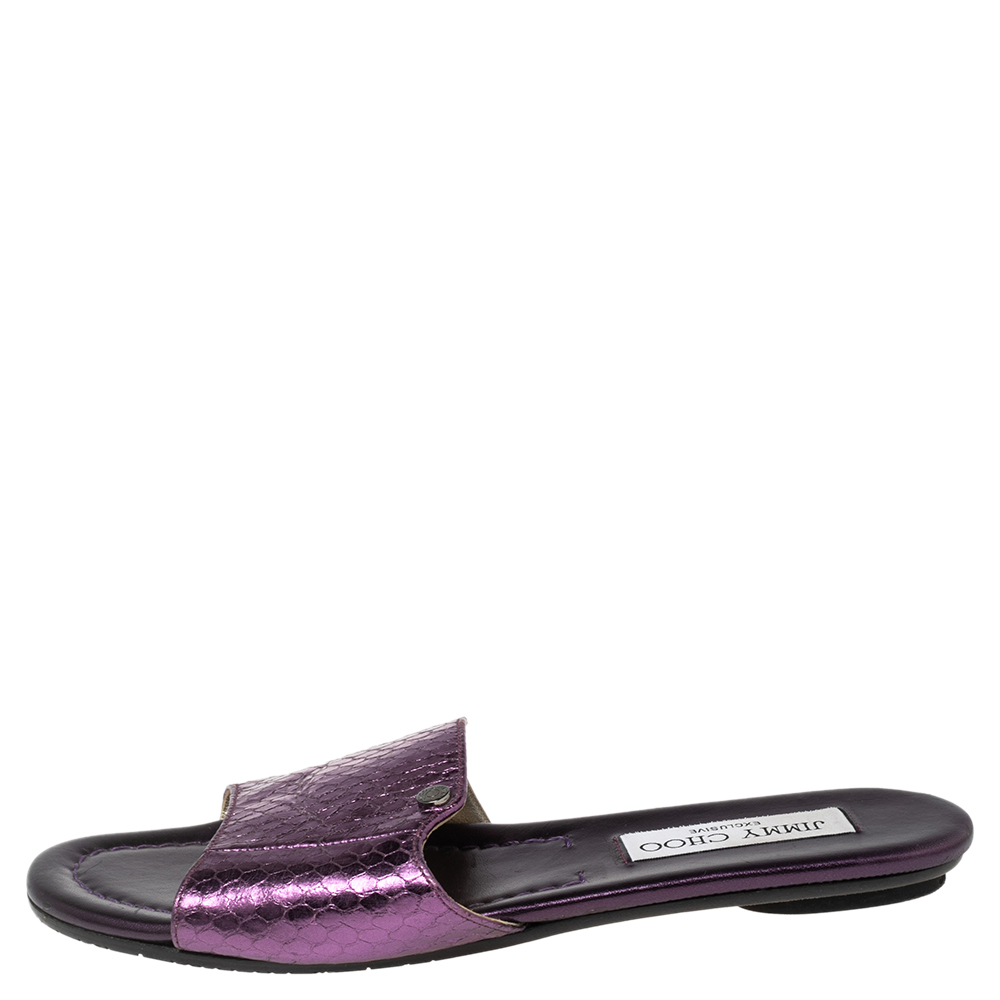 

Jimmy Choo Purple Snakeskin Embossed Leather Nanda Flat Slide Sandals Size