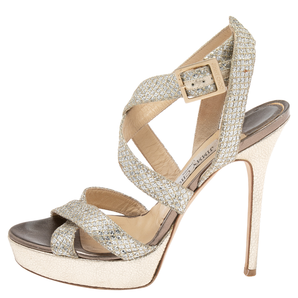 

Jimmy Choo Gold Glitter Criss Cross Vamp Platform Sandals Size