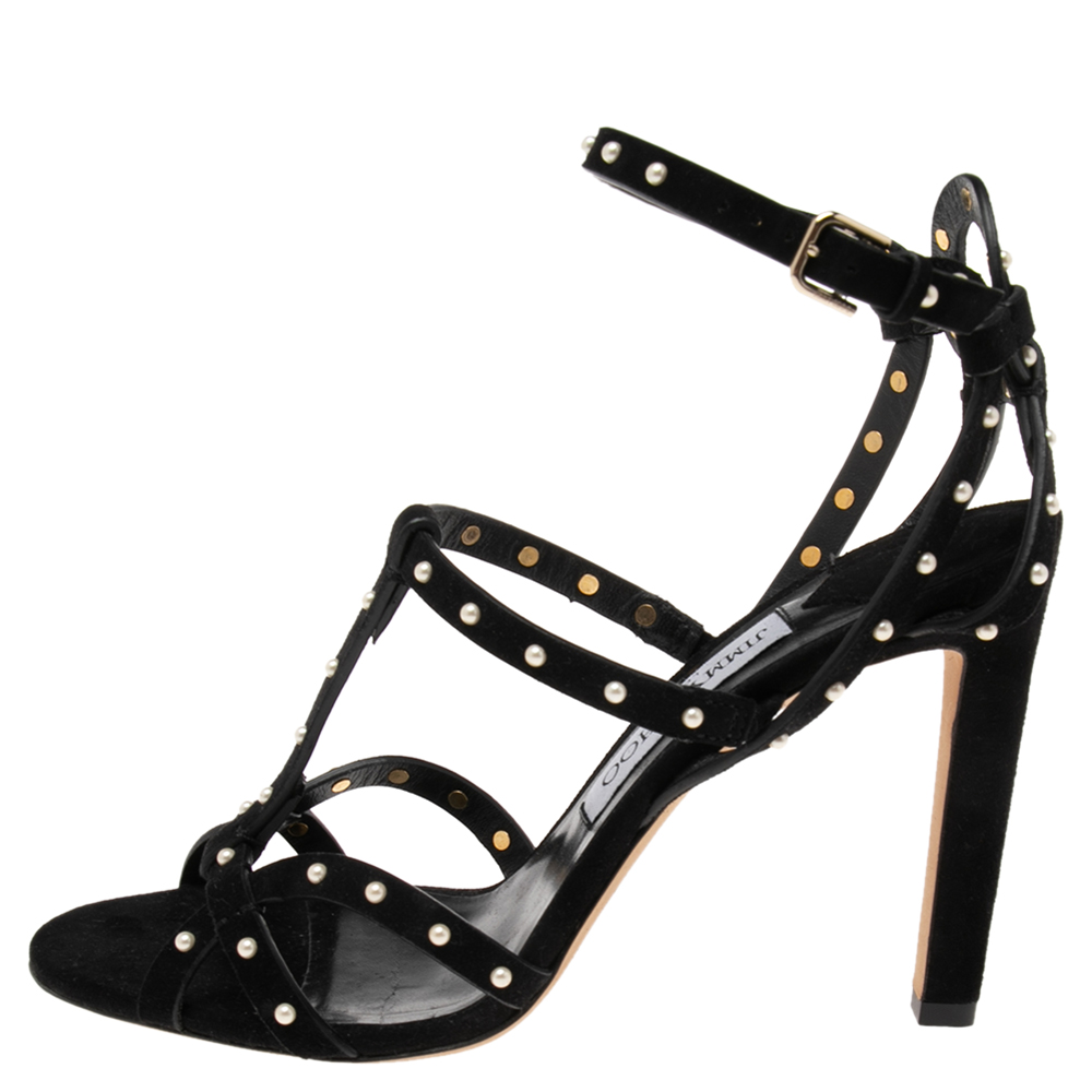 

Jimmy Choo Black Faux Pearl Studded Suede Beverly Caged Sandals Size