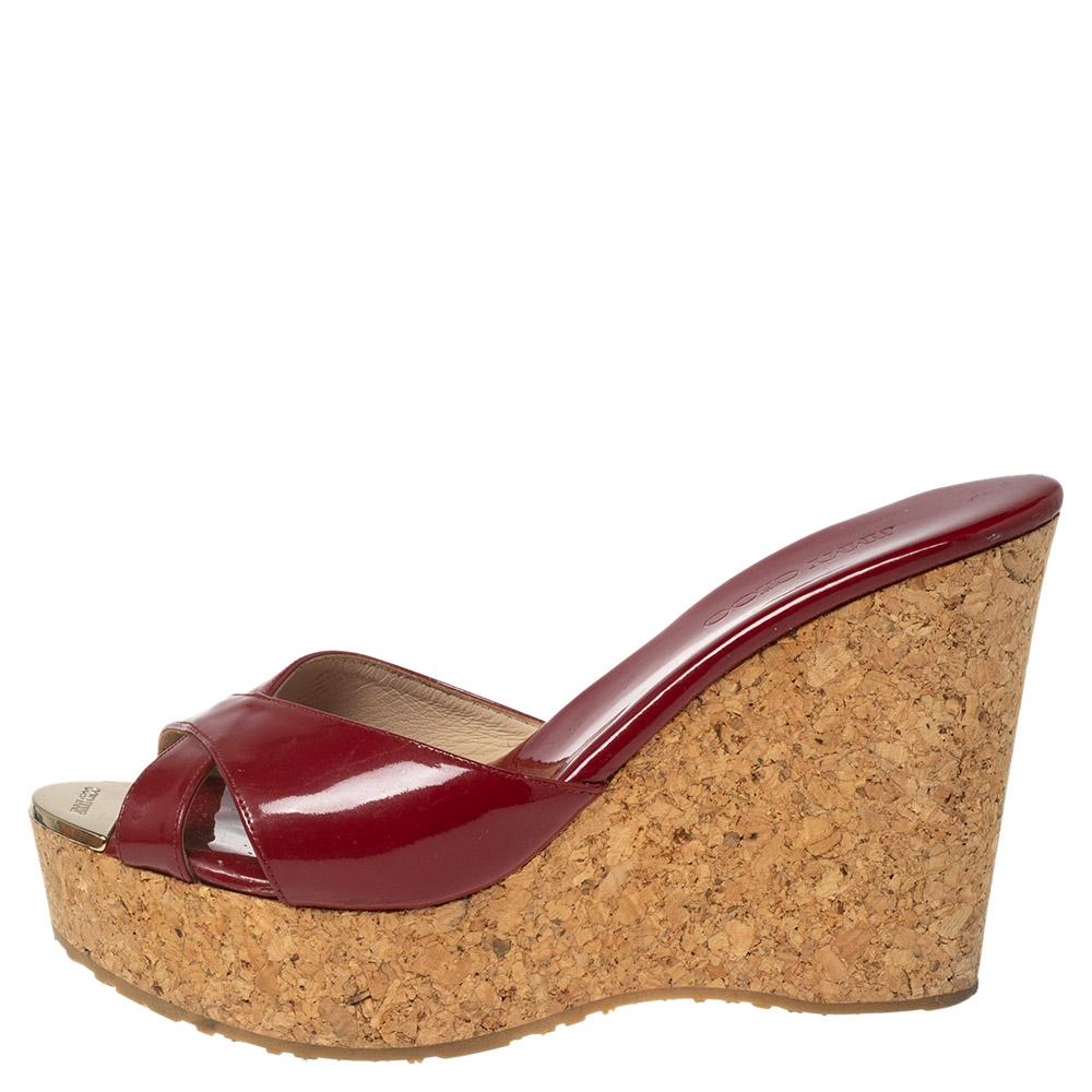 

Jimmy Choo Red Patent Leather Prima Cork Wedge Platform Sandals Size