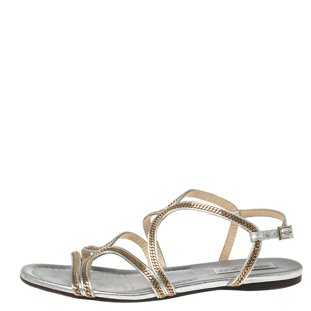 

Jimmy Choo Silver Leather Chain Embellished Flats Size