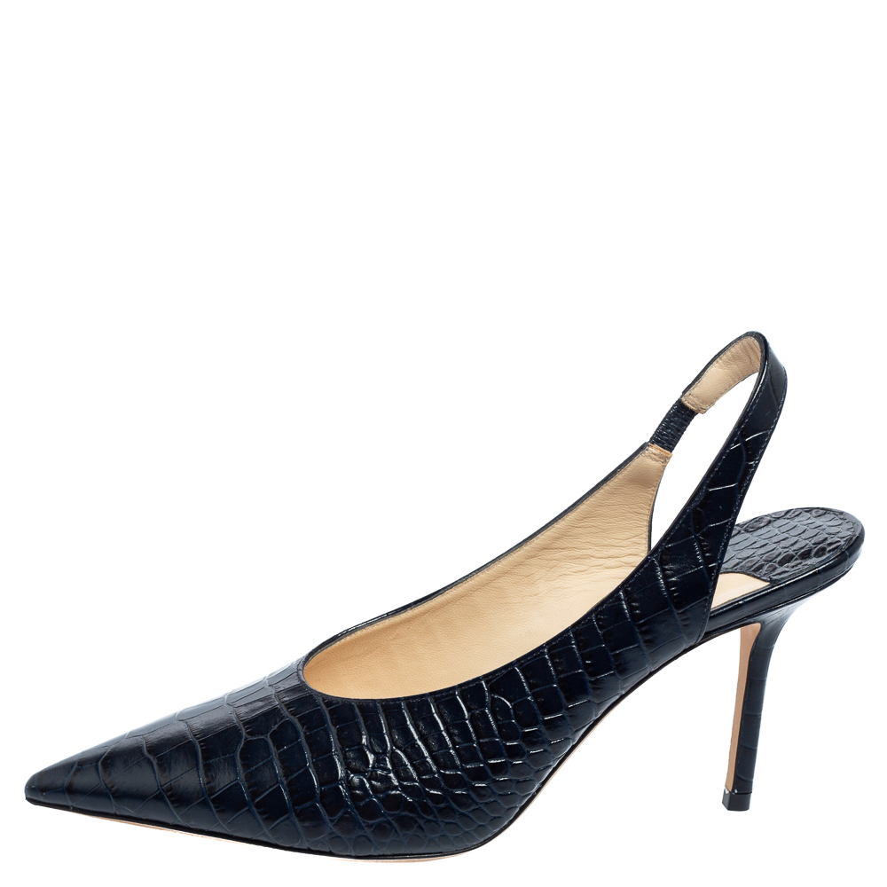 

Jimmy Choo Navy Blue Croc Embossed Leather Ivy Slingback Pumps Size