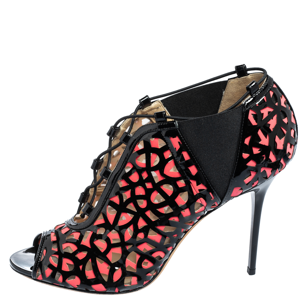

Jimmy Choo Black/Pink Laser Cut Patent Leather and Elastic Tactic Lace-Up Peep-Toe Booties Size