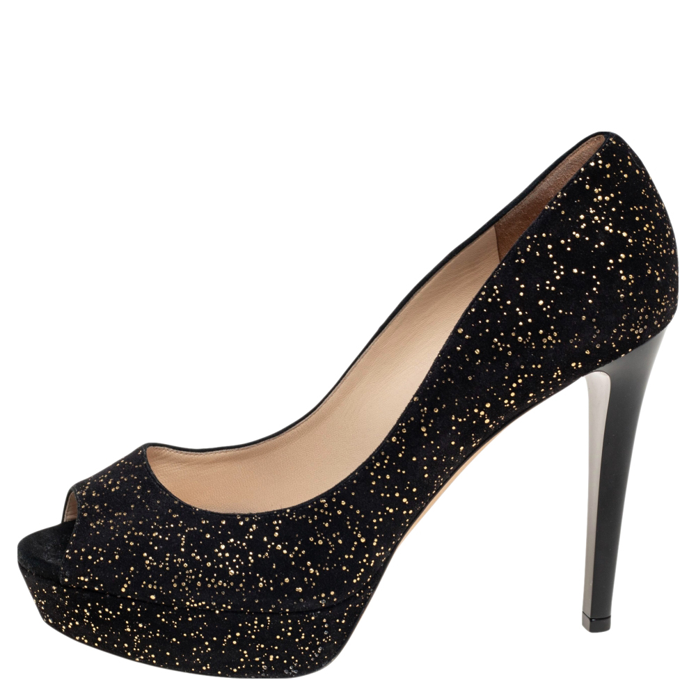 

Jimmy Choo Black Suede Dahlia Platform Peep Toe Pumps Size