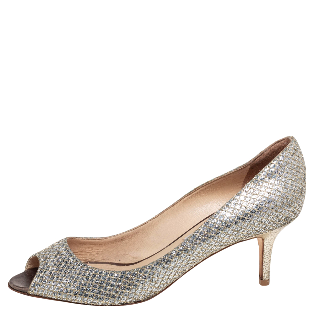 

Jimmy Choo Silver Glitter Fabric Isabel Peep Toe Pumps Size