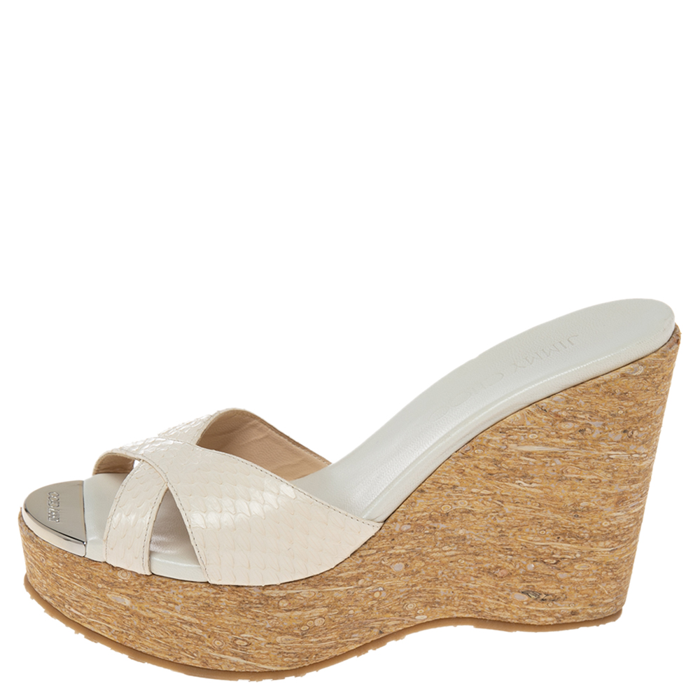 

Jimmy Choo White Snakeskin Crisscross Prima Cork Wedge Slide Sandals Size