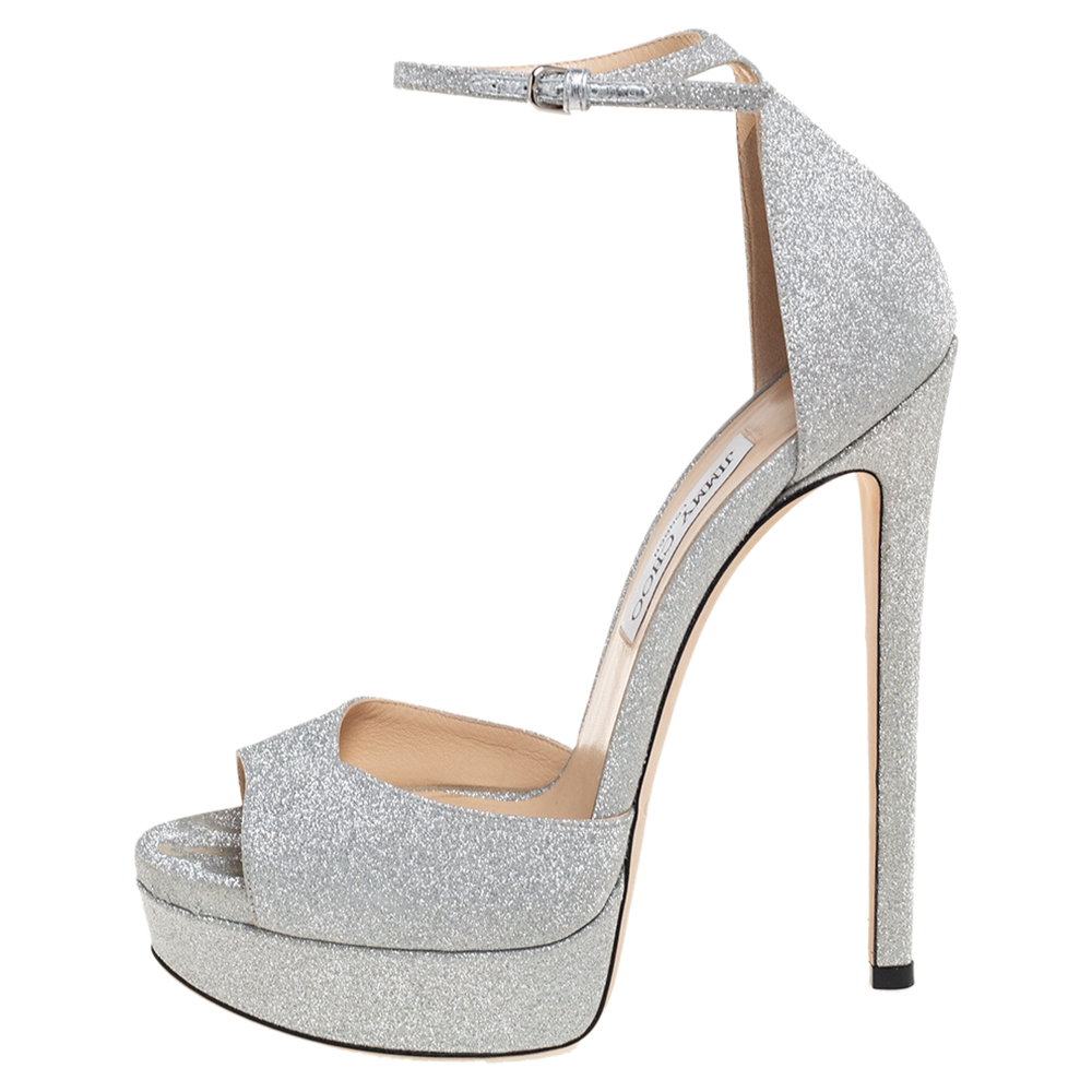 

Jimmy Choo Silver Glitter Leather Max Platform Sandals Size