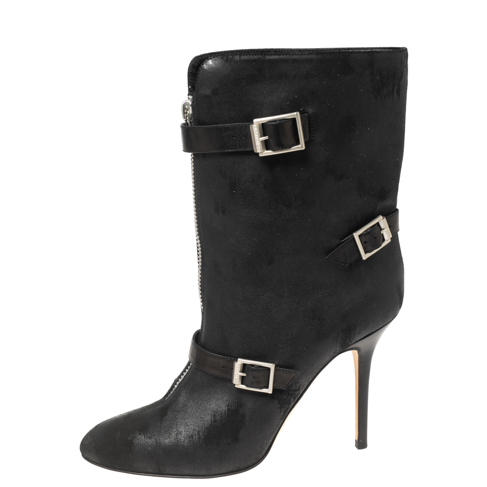 

Jimmy Choo Black Nubuck Leather Buckle Ankle Boots Size