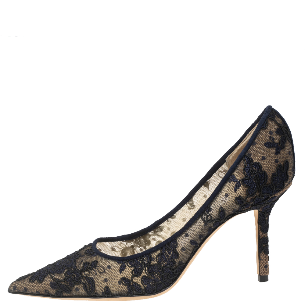 

Jimmy Choo Dark Blue Lace Romy Pointed-Toe Pumps Size, Navy blue