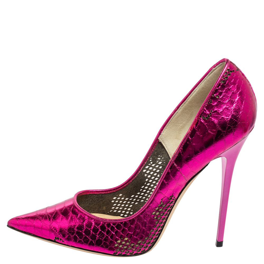 

Jimmy Choo Magenta Metallic Python Embossed Leather Tippi Pointed-Toe Pumps Size, Pink