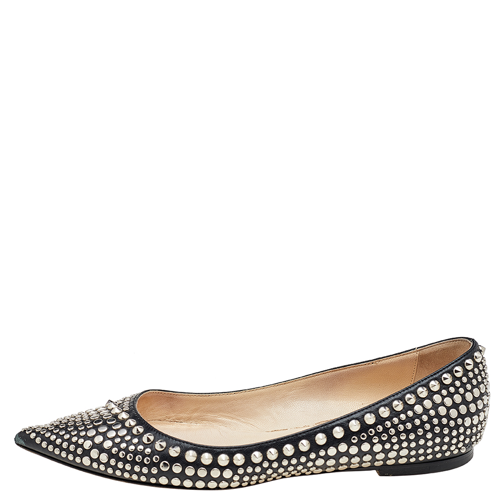 

Jimmy Choo Black Leather Studded Pointed Toe Ballet Flats Size