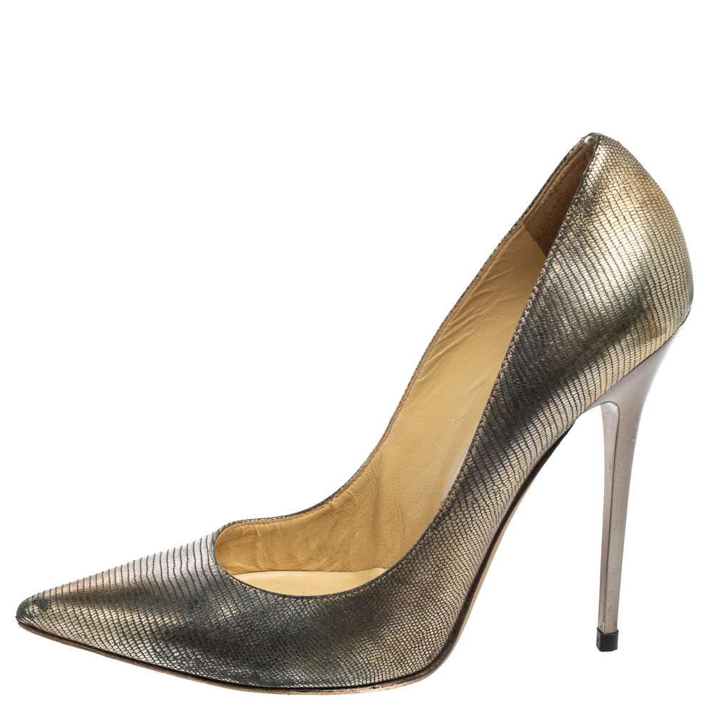 

Jimmy Choo Silver Lizard Effect Leather Pointed-Toe Pumps Size