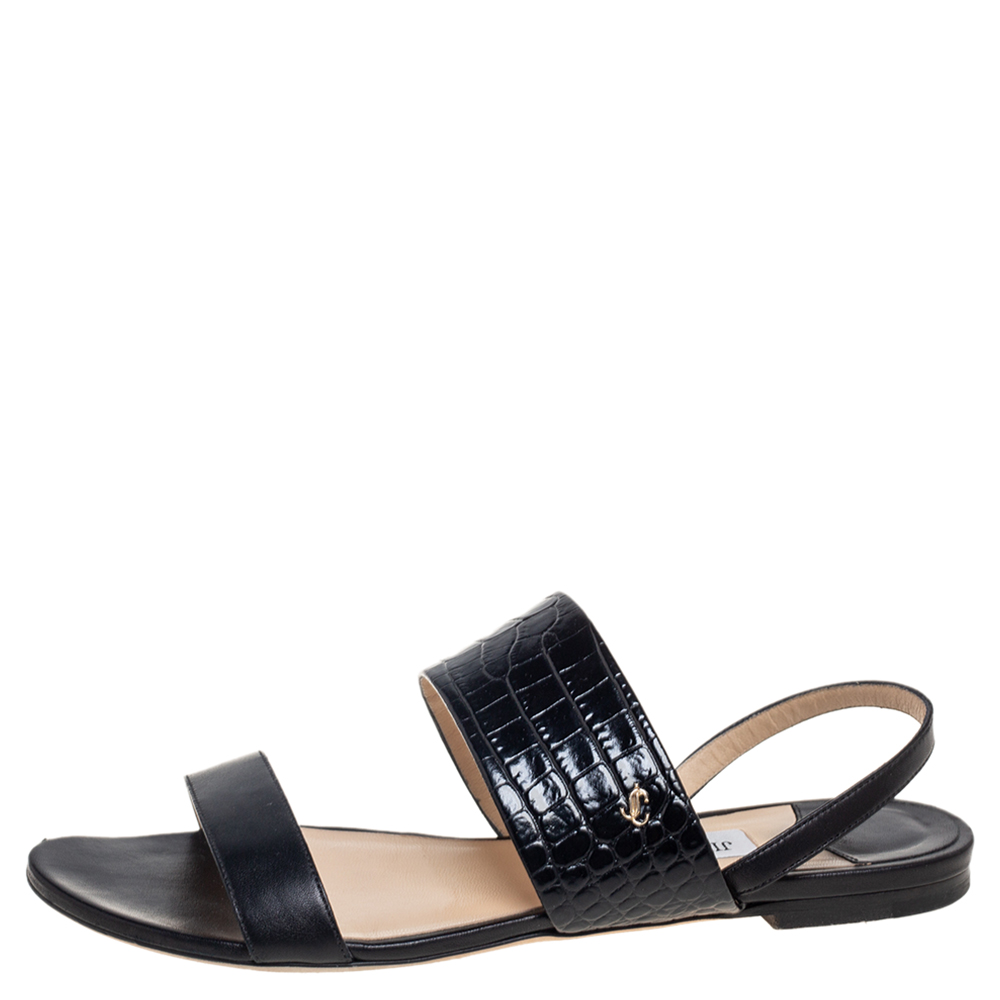 

Jimmy Choo Black Croc Embossed And Leather Slingback Flat Sandals Size