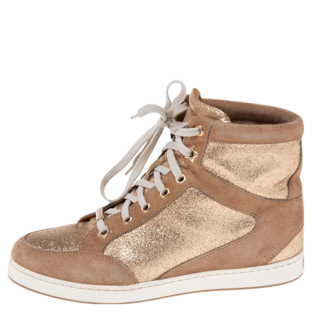 Jimmy Choo Beige Glitter and Suede Tokyo High-Top Sneakers Size