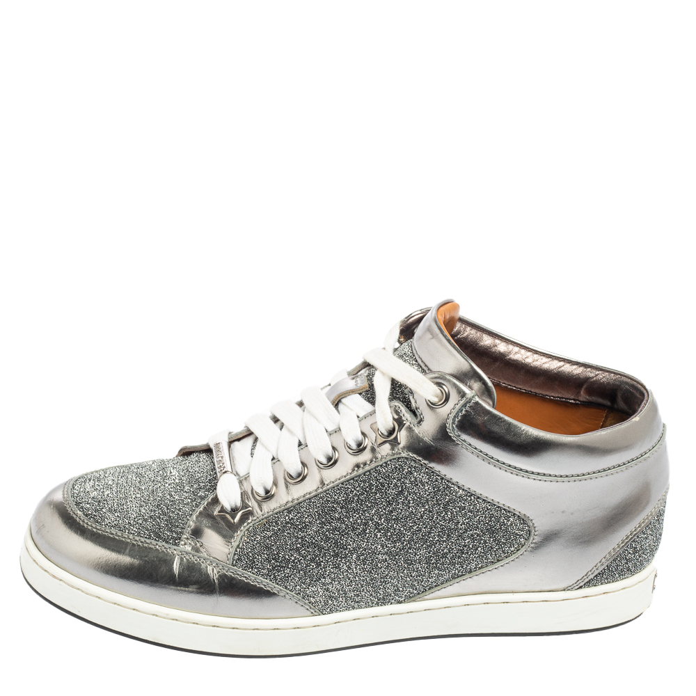 Jimmy Choo Metallic Grey/Silver Lurex Fabric and Leather Miami Low-Top Sneakers Size