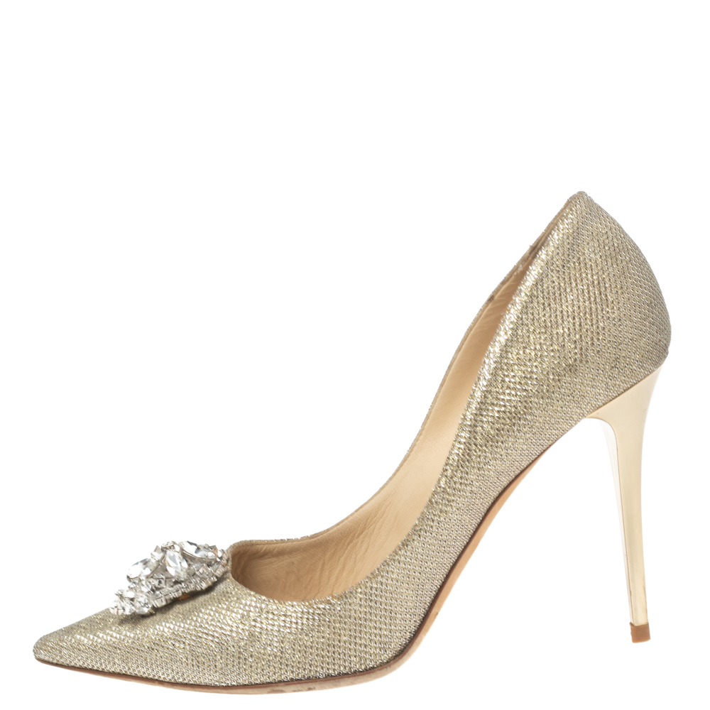 

Jimmy Choo Gold Lamè Glitter Fabric Mamey Pumps Size