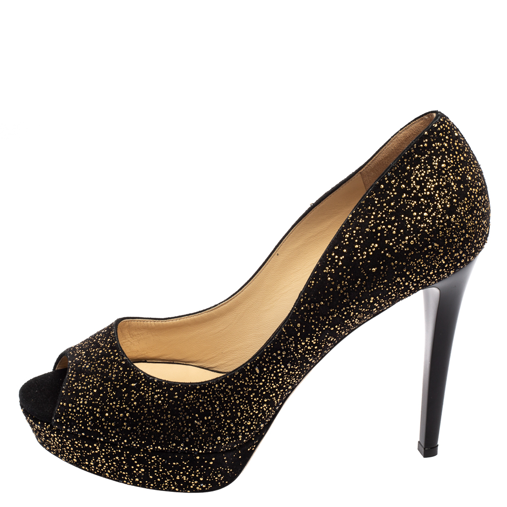 

Jimmy Choo Black/Gold Textured Suede Crown Platform Peep-Toe Pumps Size