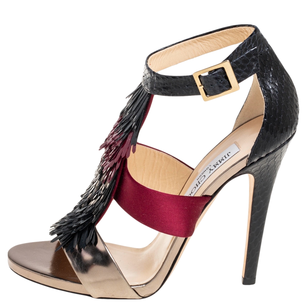 

Jimmy Choo Tricolor Satin, Snakeskin and Leather Fedora Fringe Ankle-Strap Sandals Size, Black