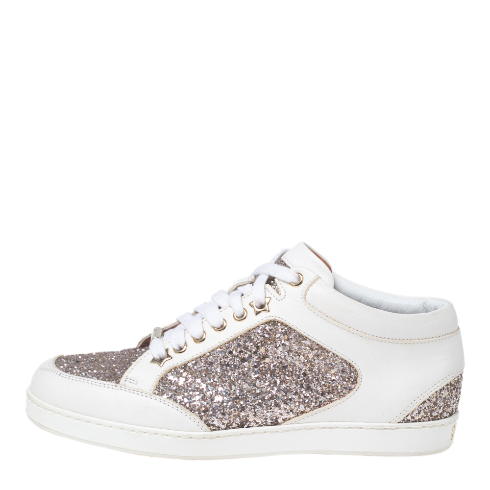 

Jimmy Choo White/Gold Leather And Glitter Miami Lace Up Sneakers Size