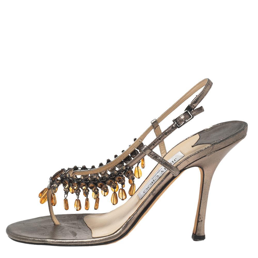

Jimmy Choo Metallic Bronze Leather Crystal Embellished Thong Sandals Size, Brown