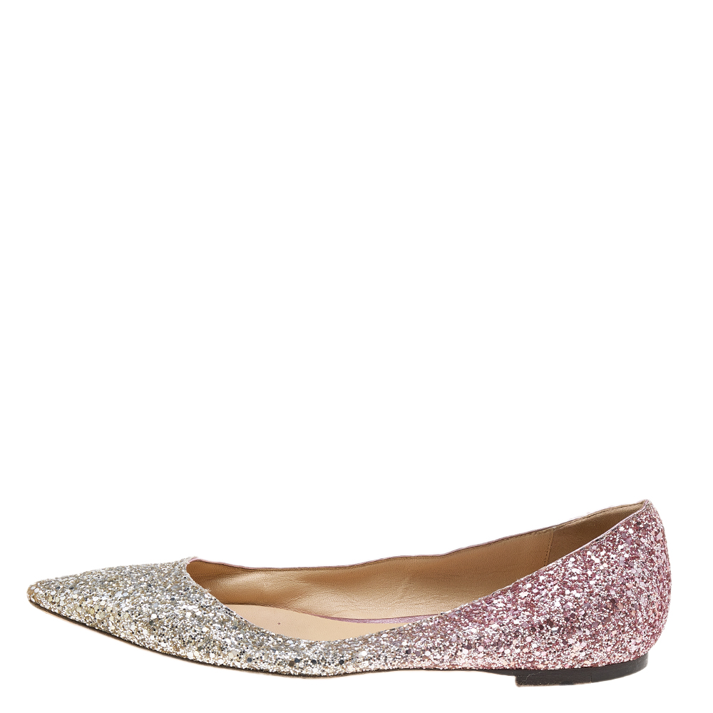 

Jimmy Choo Metallic Silver/Pink Glitter Romy Pointed Toe Ballet Flats Size