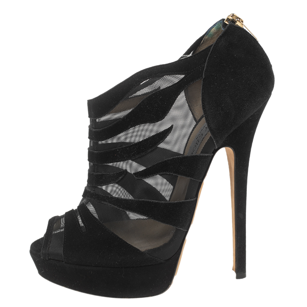 

Jimmy Choo Black Suede and Mesh Peep-Toe Ankle Boots Size