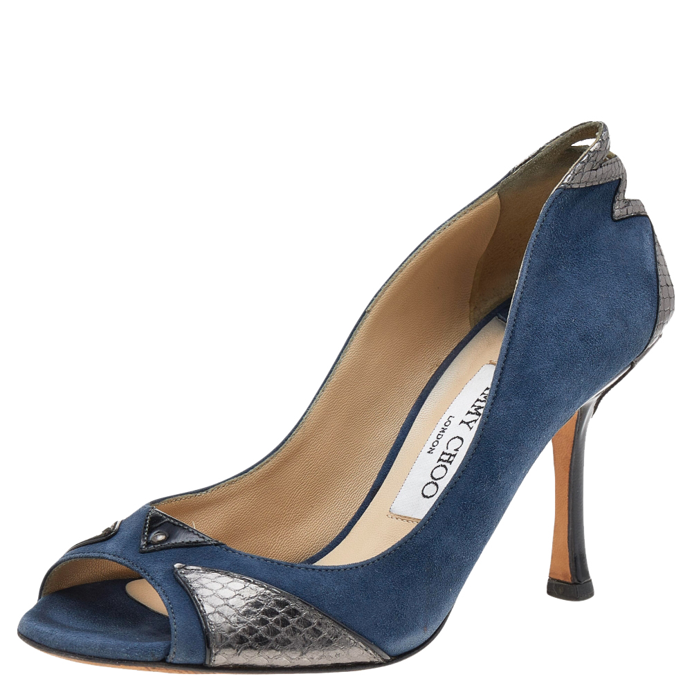 

Jimmy Choo Blue Suede and Snakeskin Peep Toe Pumps Size