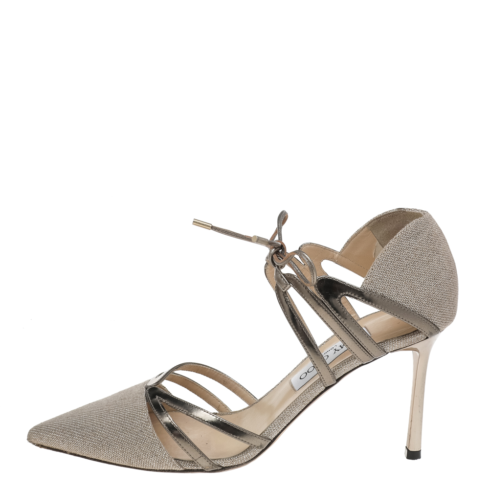 

Jimmy Choo Beige Canvas And Metallic Gold Leather Hime Tie Up Pumps Size