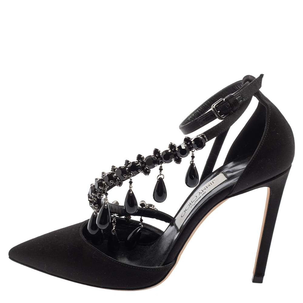 

Jimmy Choo Black Satin Black Pearl Embellished Victoria Pumps Size