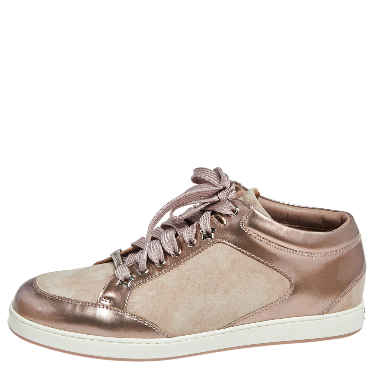 

Jimmy Choo Metallic/Beige Suede And Patent Miami Lace Up Sneakers Size
