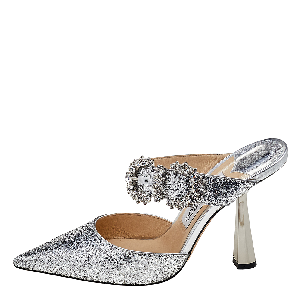 

Jimmy Choo Silver Glitter Crystal Buckle Embellished Smokey Mules Size