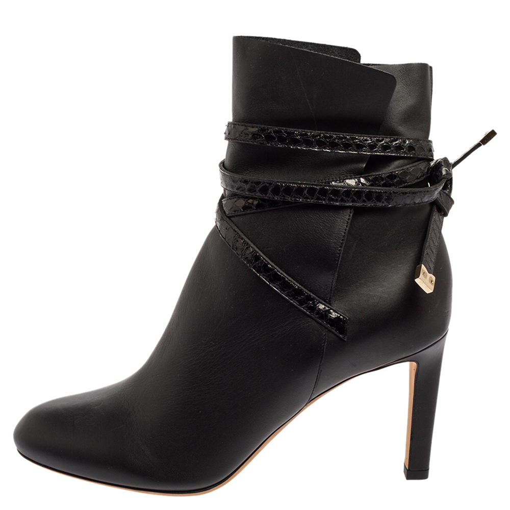 

Jimmy Choo Black Leather And Python Trim Ankle Wrap Boots Size