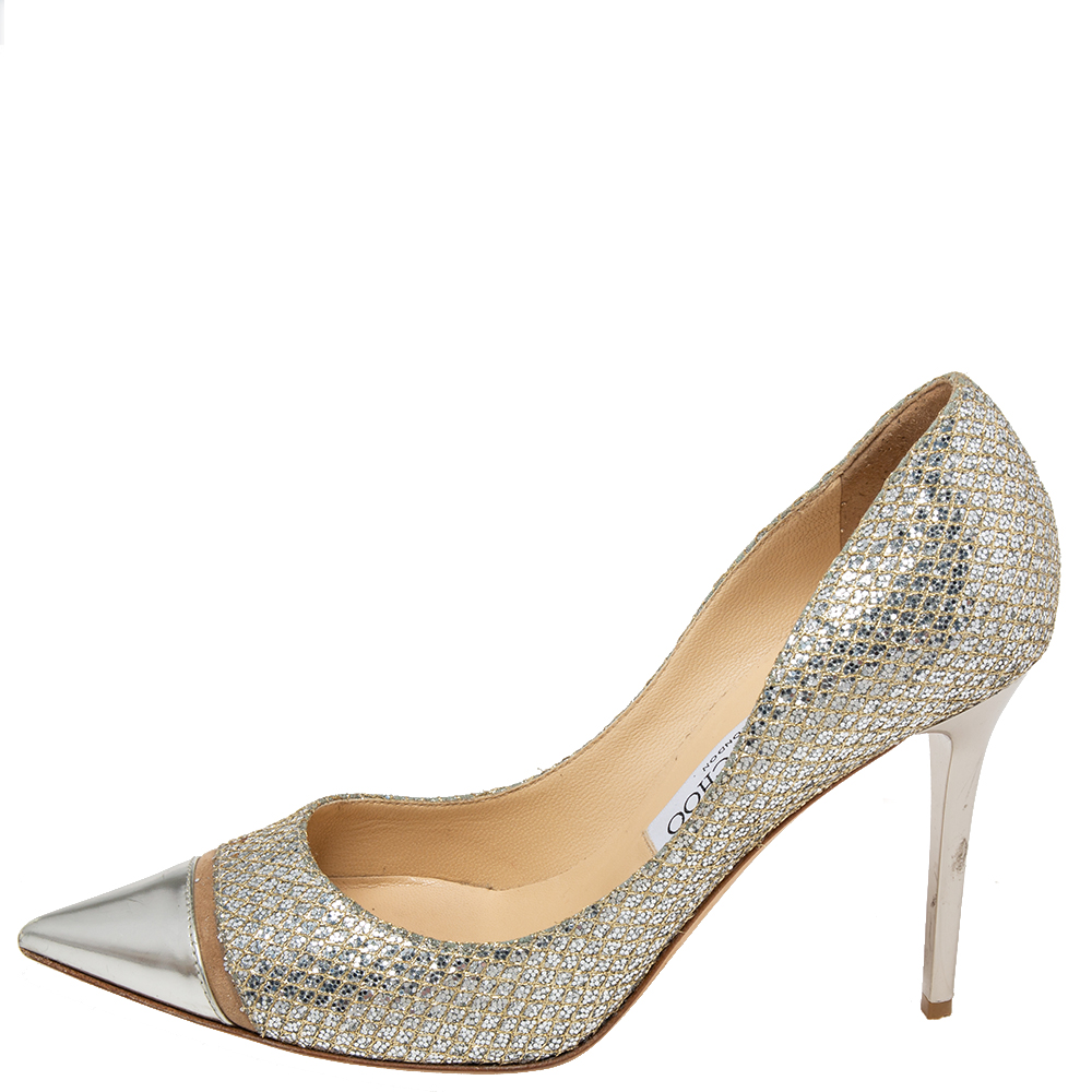 

Jimmy Choo Silver/Gold Lurex Fabric And Leather Pointed Toe Pumps Size