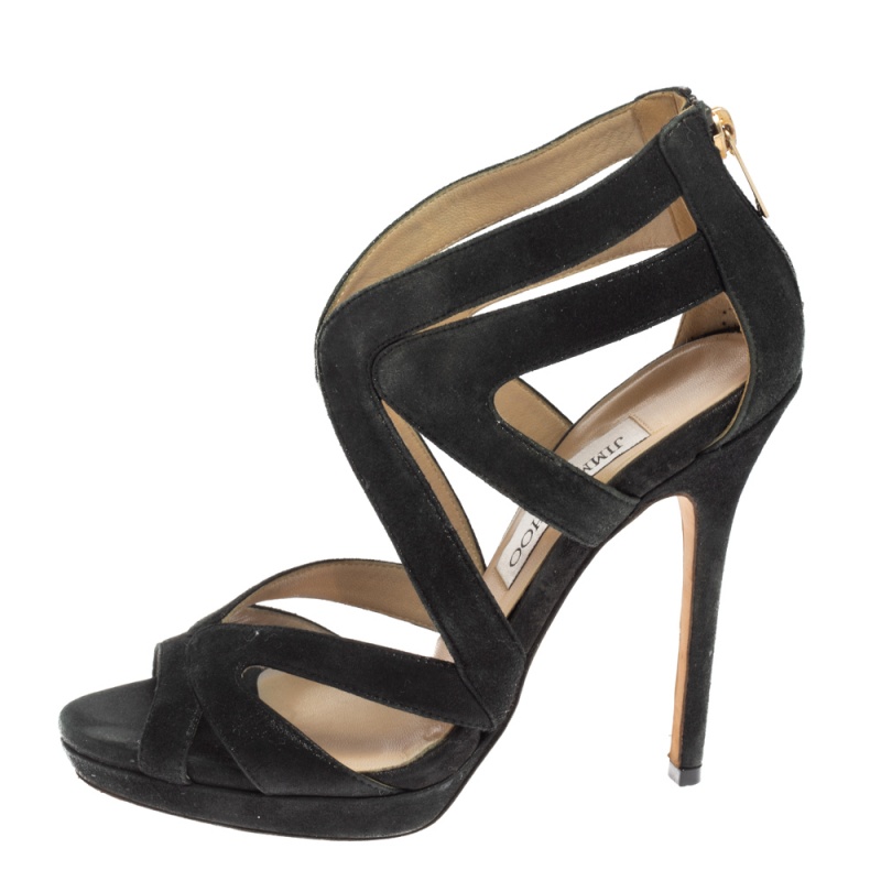 

Jimmy Choo Black Glitter Suede Cutout Collar Peep-Toe Sandals Size